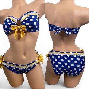 Betsey Johnson Blue and White Polka Dot Swimwear Yellow and White Bows Lace S